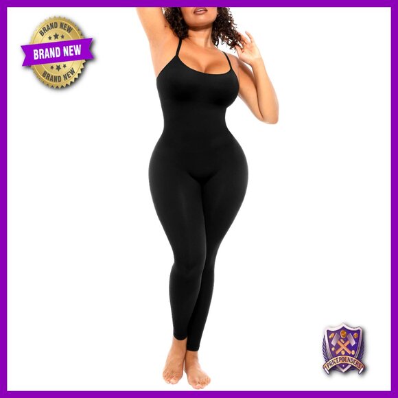 Plus Size Tummy Control Jumpsuit Seamless Ribbed Fabric Built-In Bra
